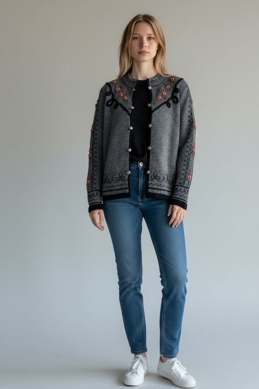 M Sweater Knit Cardigan Nordic Après Ski Wear Folk Cottage Core Romantic Wool